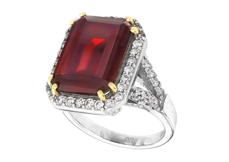 Sterling Silver 8 Carat Deep Crimson Emerald Cut Ring with 18 KGP ...