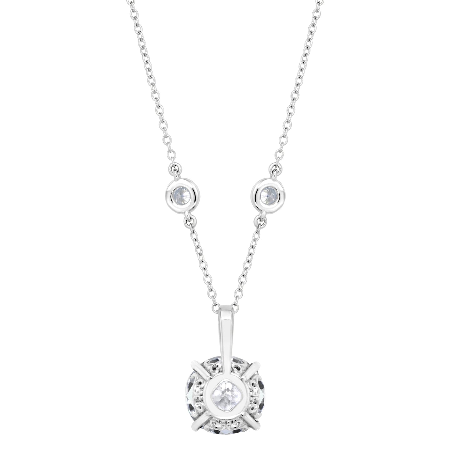 Sterling 10mm Clear Round Filagree Pendant on 18" Regal Short Floating Chain by Bling