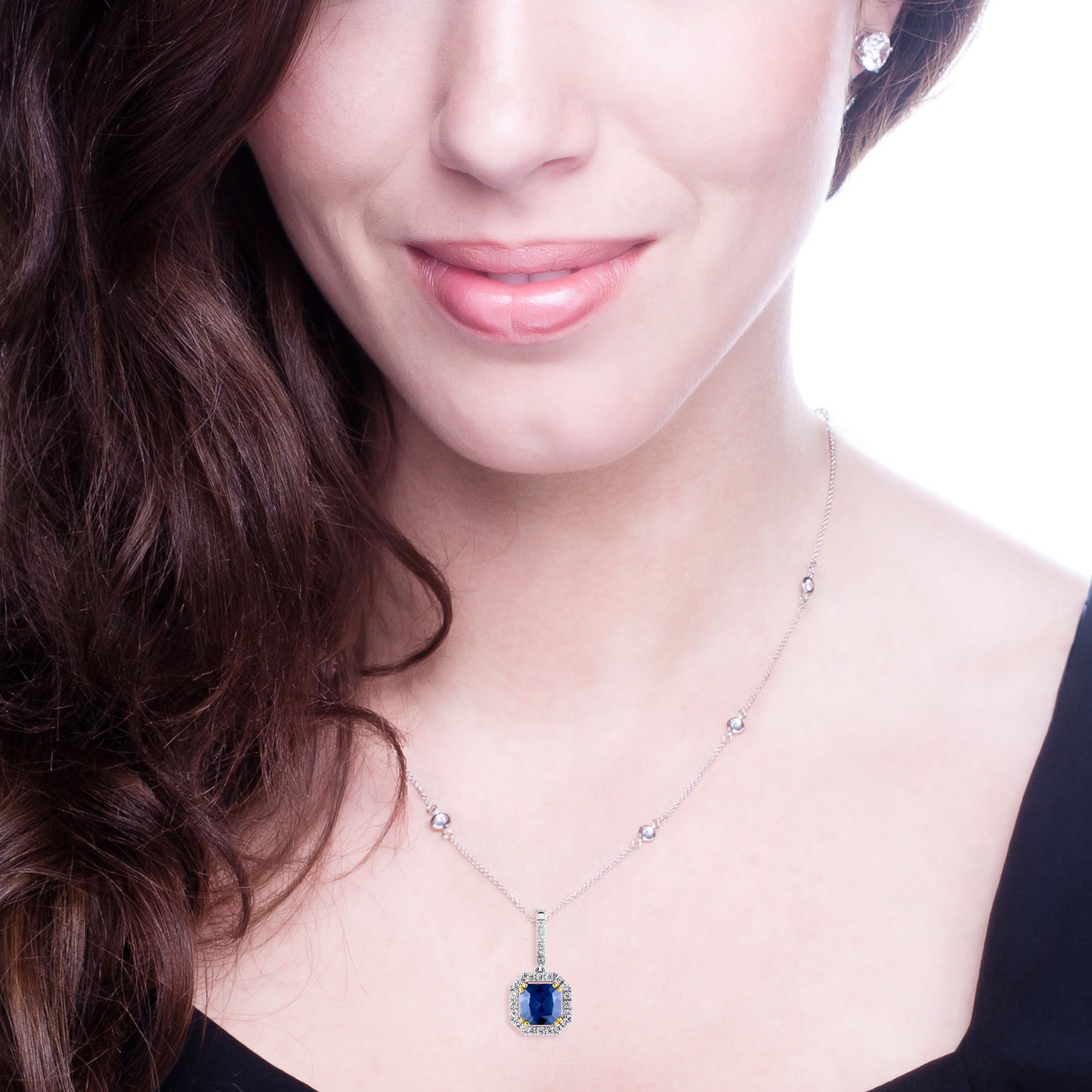 Sterling Lab Created Sapphire Cushion Cut Pendant on 18" Regal Short Floating Chain by Bling