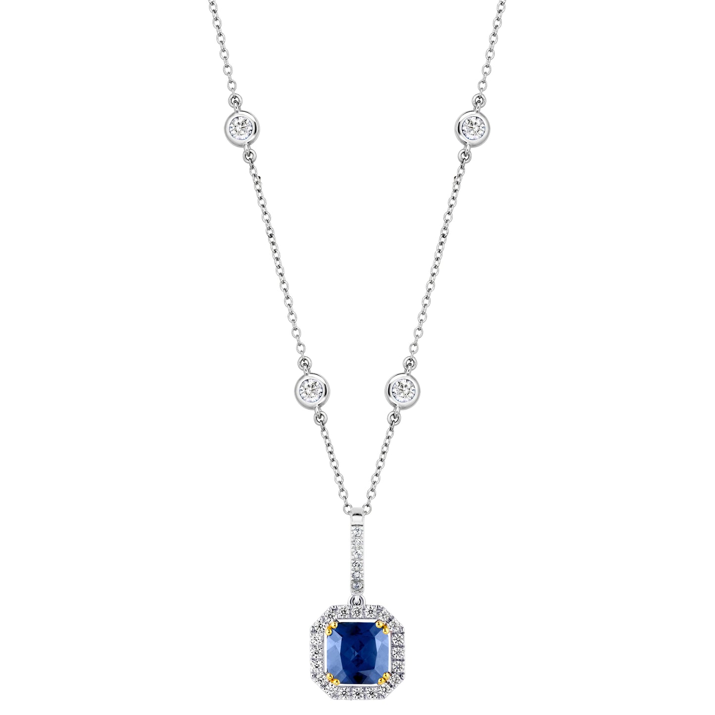 Sterling Lab Created Sapphire Cushion Cut Pendant on 18" Regal Short Floating Chain by Bling