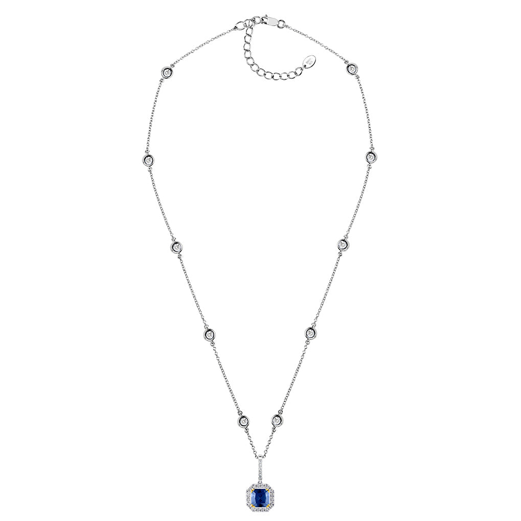 Sterling Lab Created Sapphire Cushion Cut Pendant on 18" Regal Short Floating Chain by Bling