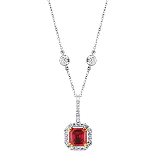 Sterling Garnet Hued Asscher Cut Pendant on 18" Regal Short Floating Chain by Bling