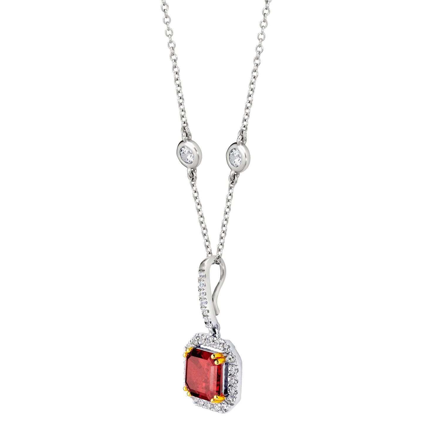 Sterling Garnet Hued Asscher Cut Pendant on 18" Regal Short Floating Chain by Bling