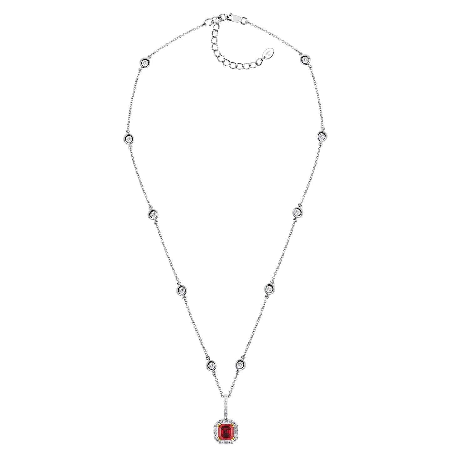 Sterling Garnet Hued Asscher Cut Pendant on 18" Regal Short Floating Chain by Bling