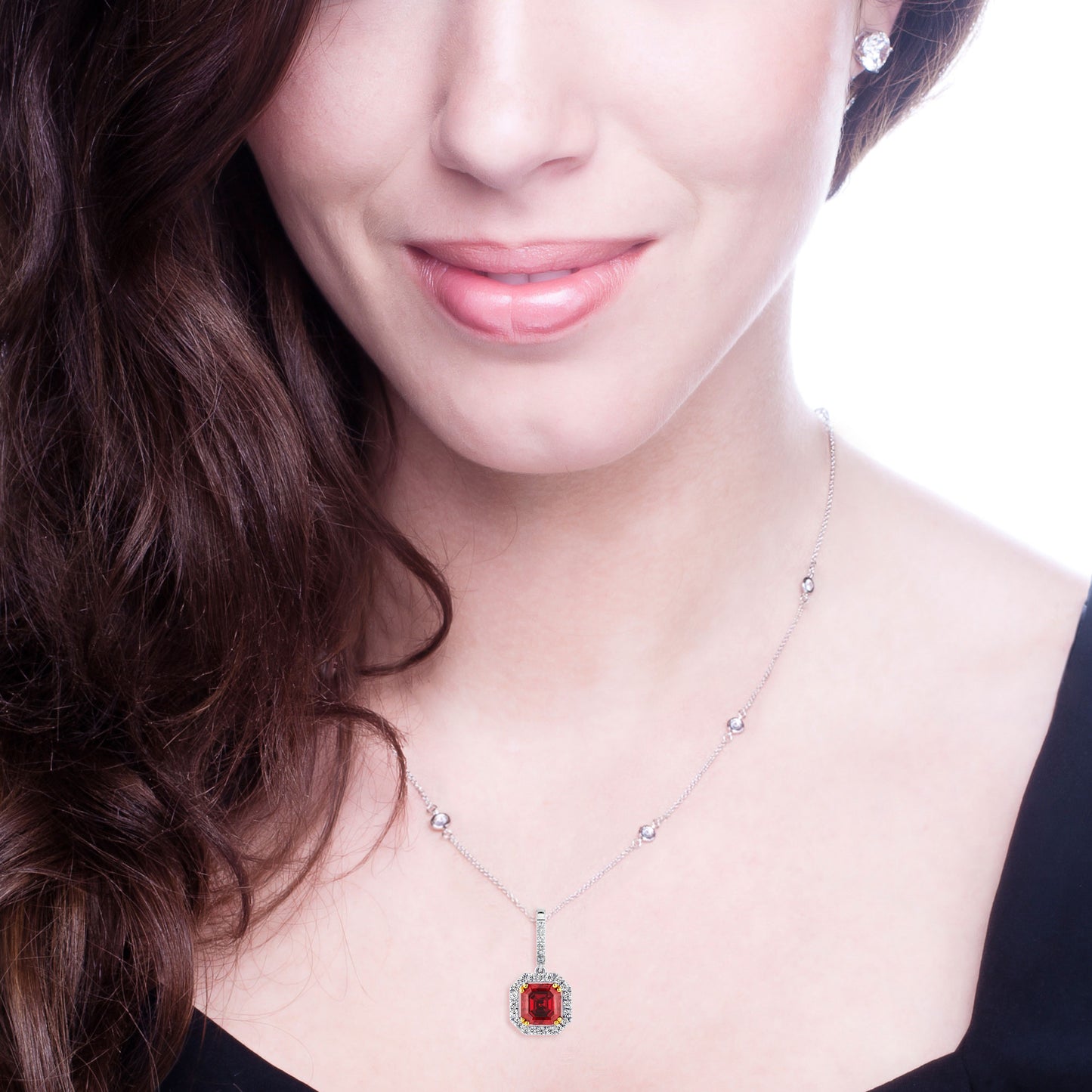 Sterling Garnet Hued Asscher Cut Pendant on 18" Regal Short Floating Chain by Bling