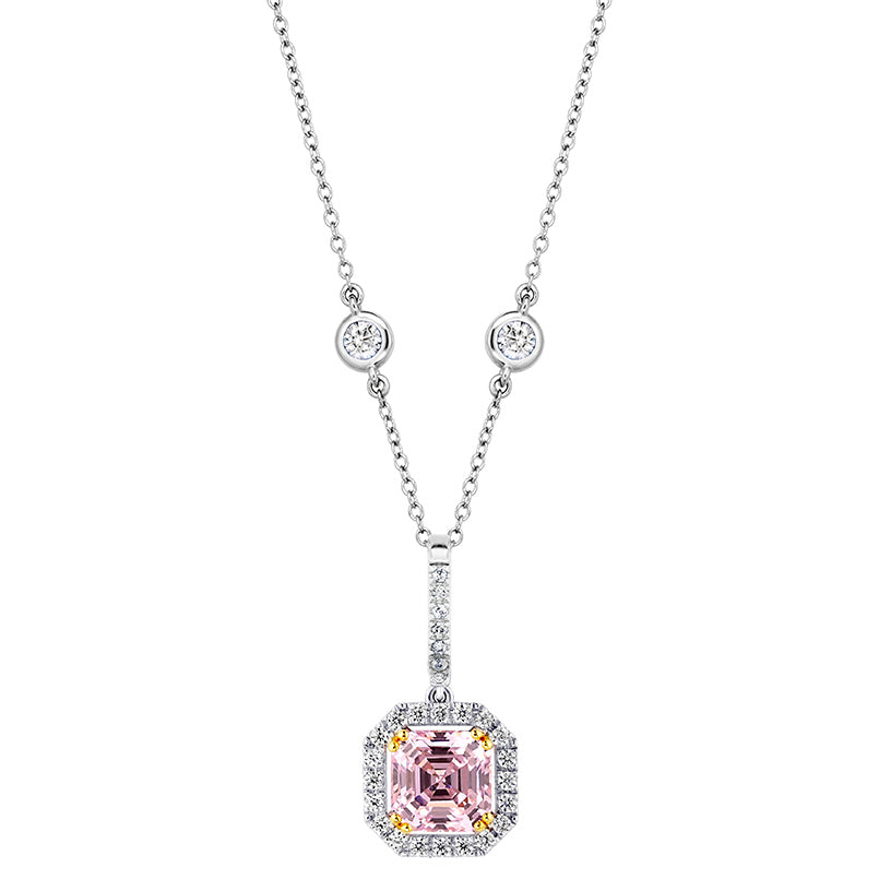 Sterling Fancy Light Pink Asscher Cut Pendant on 18" Regal Short Floating Chain by Bling