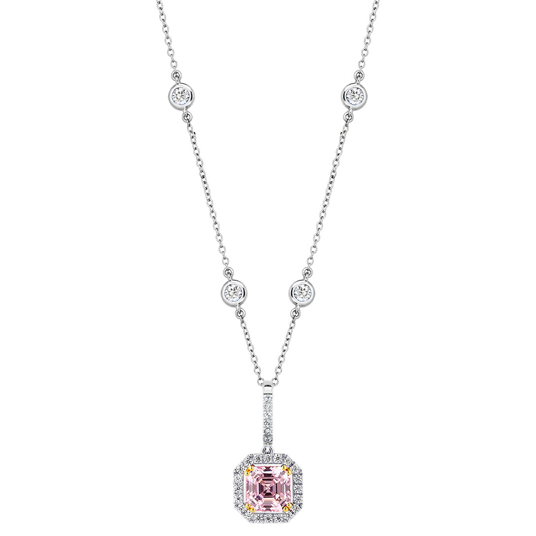 Sterling Fancy Light Pink Asscher Cut Pendant on 18" Regal Short Floating Chain by Bling