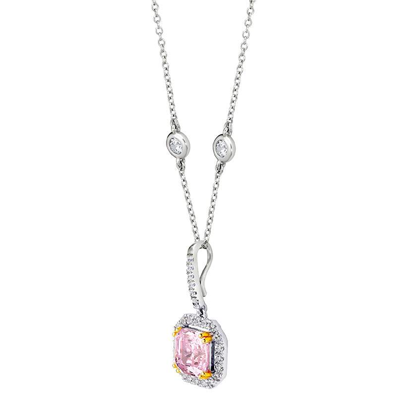 Sterling Fancy Light Pink Asscher Cut Pendant on 18" Regal Short Floating Chain by Bling