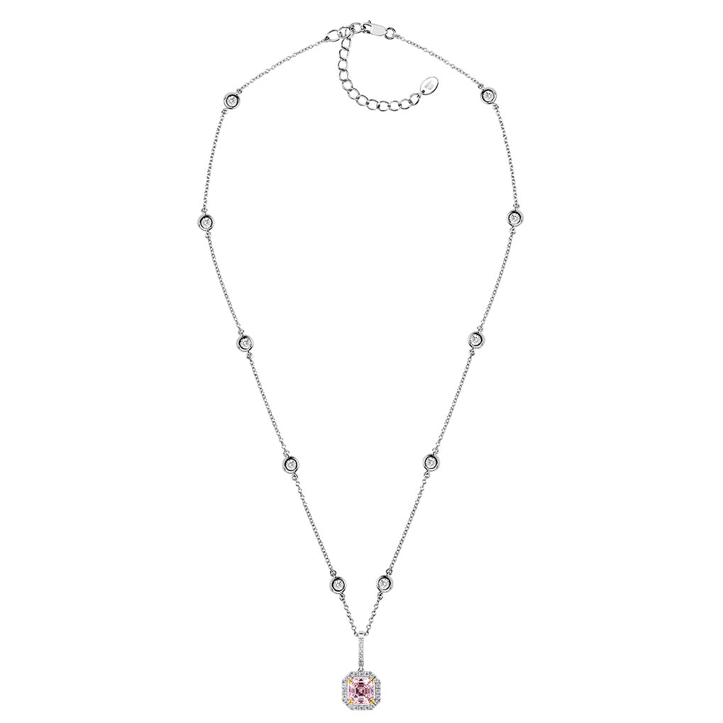 Sterling Fancy Light Pink Asscher Cut Pendant on 18" Regal Short Floating Chain by Bling